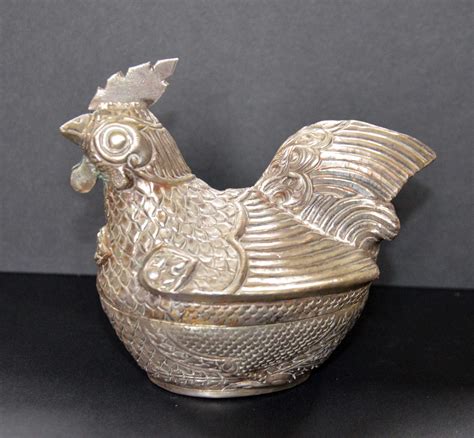 vintage small intricate silver pewter metal chicken trinket box|pewter trinket boxes antique.